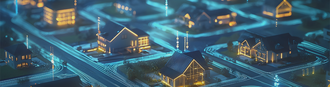 Night-time miniature representation of a residential area with illuminated single-family houses connected by bright blue lines